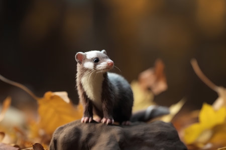 Portrait of a weasel on a rock in the autumn forestの素材