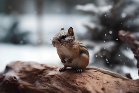 Chipmunk on a rock in the winter forest with snowfallの素材