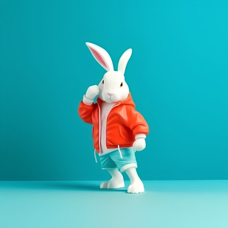 Easter bunny in a red jacket and blue pants on a turquoise backgroundの素材
