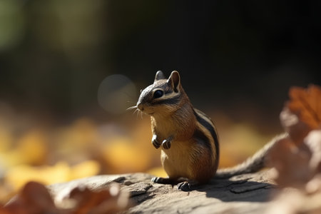Chipmunk on a stump in the forest with autumn leaves in the backgroundの素材