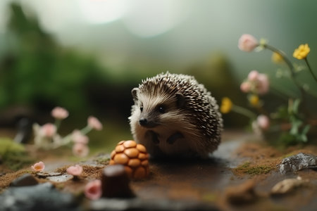 hedgehog on a mossy surface with a corn and flowersの素材