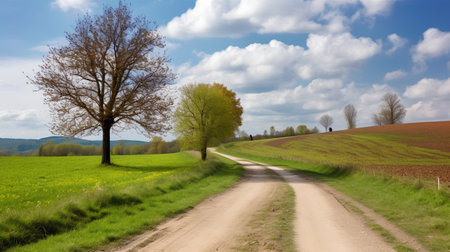 Beautiful spring landscape with a dirt road and trees in the foregroundの素材