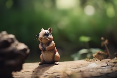 Squirrel sitting on a log and looking at the camera in the forestの素材
