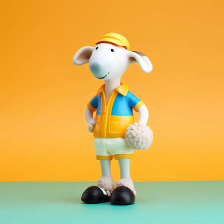 Sheep character in a yellow background. 3D Rendering.の素材