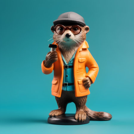 Porcelain figurine of a cat in a raincoat and cap on a blue backgroundの素材