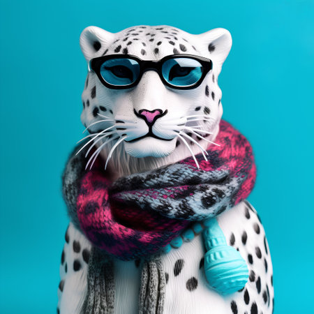 White leopard in sunglasses and scarf on turquoise background.の素材