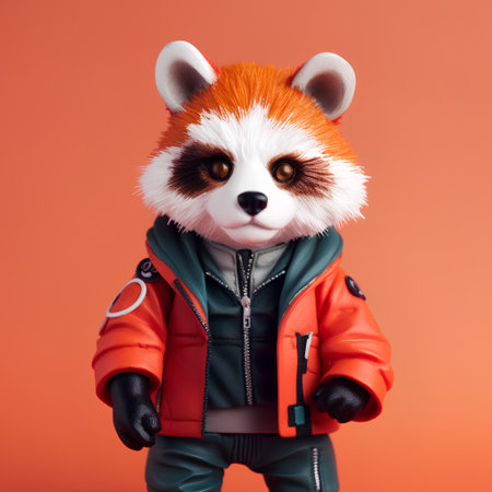 Funny red panda in a warm jacket on a orange background.の素材