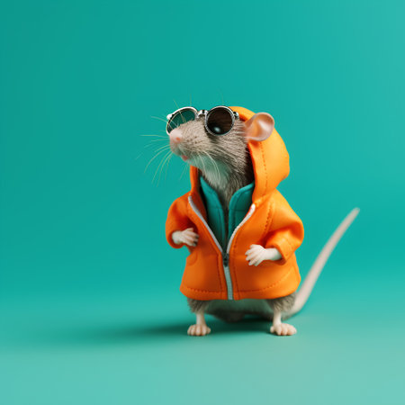 Cute rat in a jacket and sunglasses on a green background.の素材