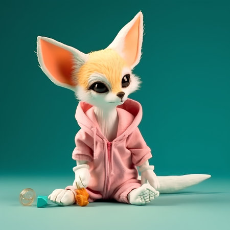cute little fox in a pink hoodie with a thermometerの素材