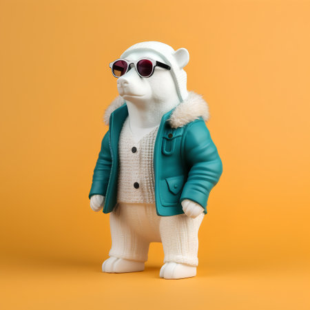 Stylish white polar bear in a green jacket and sunglasses on a yellow backgroundの素材