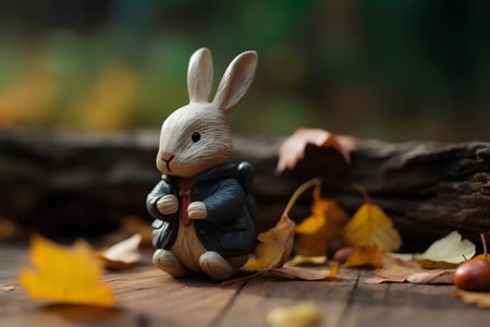 Easter bunny and autumn leaves on wooden background. Selective focusの素材