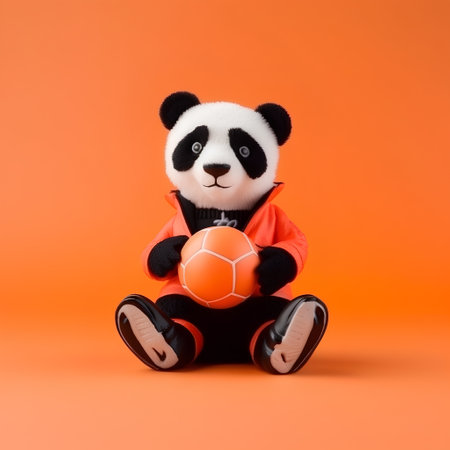 Cute panda sitting and holding a soccer ball on orange backgroundの素材