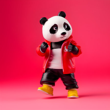 Panda in a red jacket on a pink background. 3d illustrationの素材