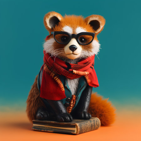 Cute red fox in sunglasses and scarf sits on a book.の素材