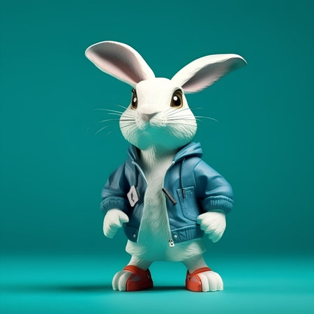 cute white rabbit in a blue jacket on a turquoise backgroundの素材
