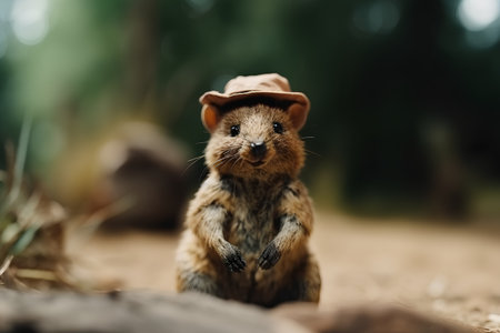 Cute mouse in a hat standing on a log in the forestの素材