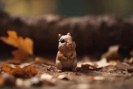 Little squirrel in autumn forest with fallen leaves on the ground, selective focusの素材