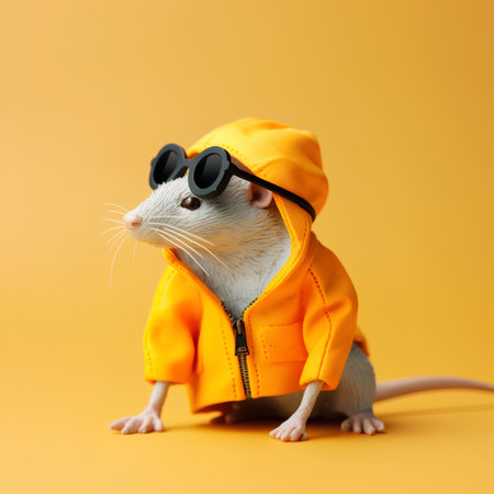 Cute white rat in a yellow jacket and sunglasses on a yellow backgroundの素材
