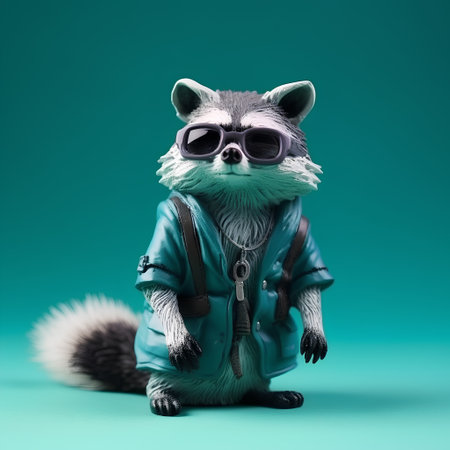 Raccoon in a green jacket and sunglasses on a green backgroundの素材
