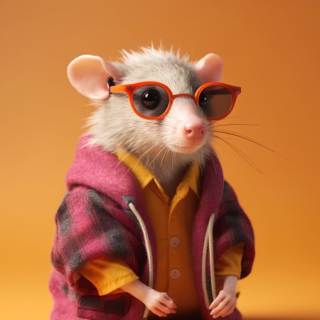 Portrait of a cute little rat wearing sunglasses and checkered jacket.の素材
