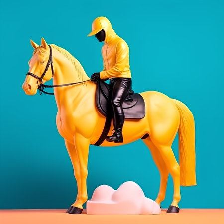 Horseman riding a horse on a blue background. 3d renderingの素材