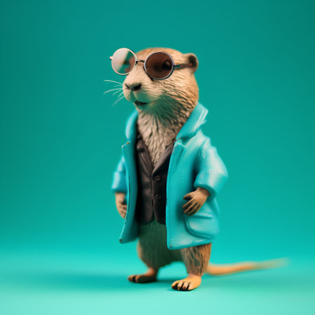 Funny rat in a blue jacket and sunglasses on a green background.の素材