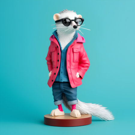 Cute white cat in pink jacket, blue shorts and sunglasses stands on a podium on a turquoise backgroundの素材