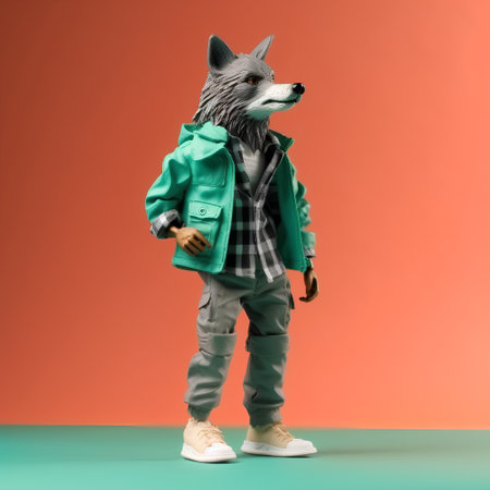 Fashionable fox in a green jacket with a camera on an orange backgroundの素材
