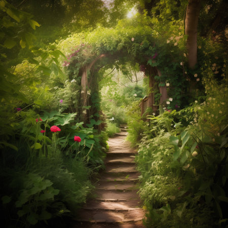 Pathway in the garden with flowers and green plants. Vintage style.の素材