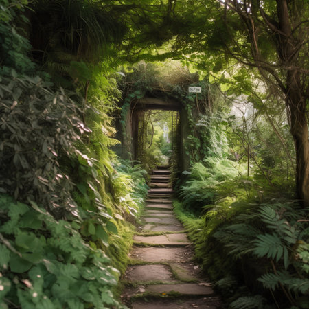 Walkway in the green forest with stone stairs and fernsの素材