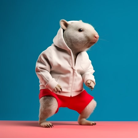 Funny rat in a pink jacket and red shorts on a blue backgroundの素材
