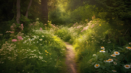 Path in the forest and wildflowers in the rays of the setting sunの素材