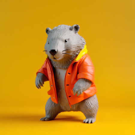 Polar bear in life jacket and orange life jacket standing on yellow backgroundの素材