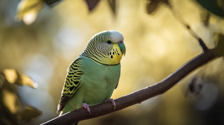 Green budgerigar parrot sitting on a tree branch.の素材