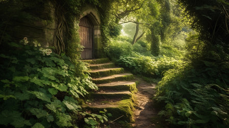 Mysterious entrance to the garden with old wooden door and stairsの素材