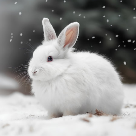 Cute white rabbit in the snow on a background of winter forestの素材