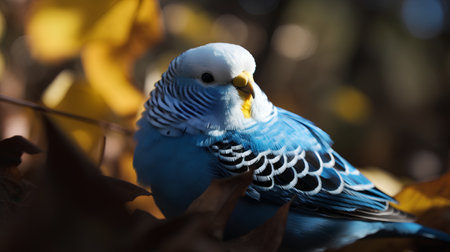 Blue budgerigar sitting on autumn leaves in the forest.の素材