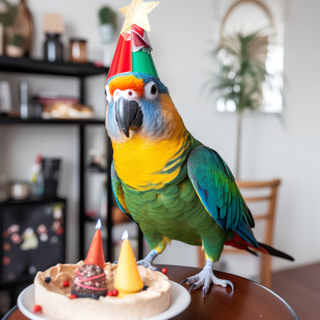 Cute colorful macaw parrot with birthday cake in the backgroundの素材