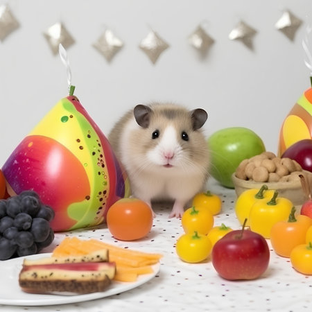 Funny hamster and birthday table with fruits, vegetables and cakeの素材