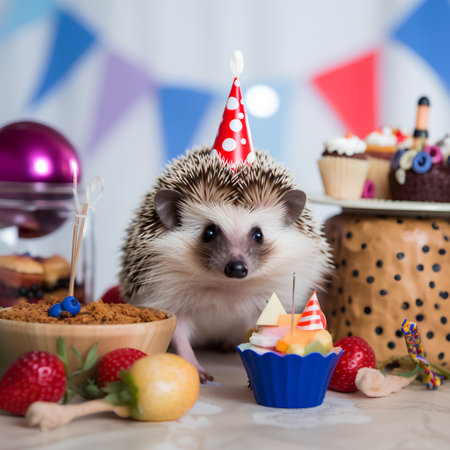 Cute little hedgehog with cake and cupcakes for birthday partyの素材