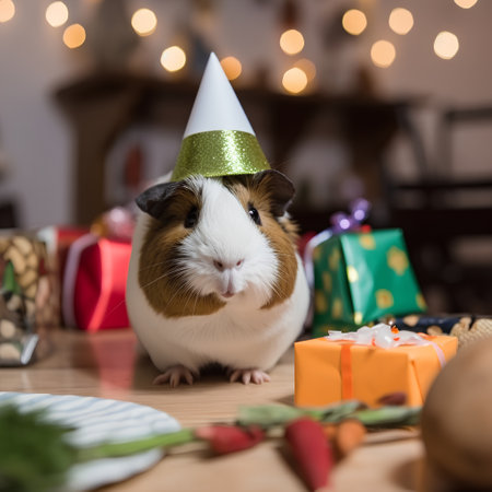 guinea pig with a party hat and gifts on a wooden tableの素材