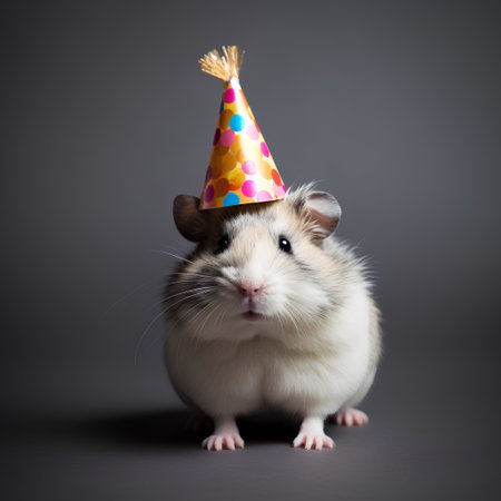 Funny hamster with birthday hat on grey background. Holiday concept.の素材
