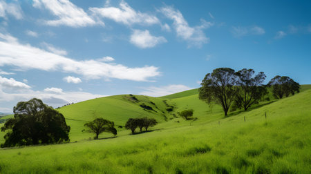 Beautiful landscape of green hills and blue sky with white clouds.の素材