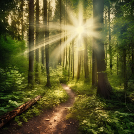 Morning in the forest with sun rays and tree trunks, nature backgroundの素材