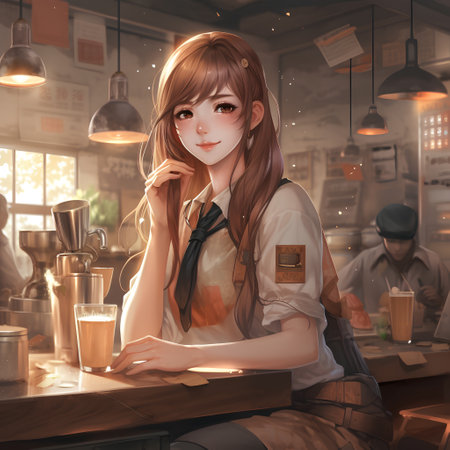 A beautiful young waitress in a coffee shop. 3D rendering.の素材