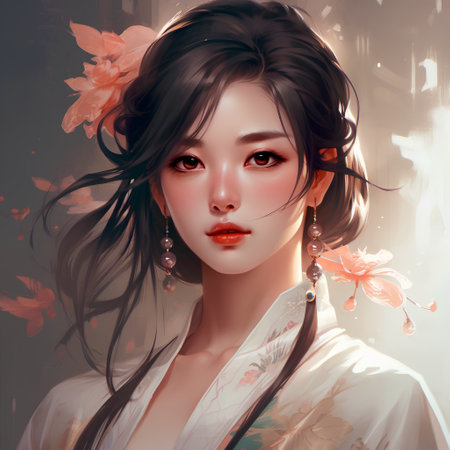 Portrait of a beautiful asian woman with flowers in her hair.の素材