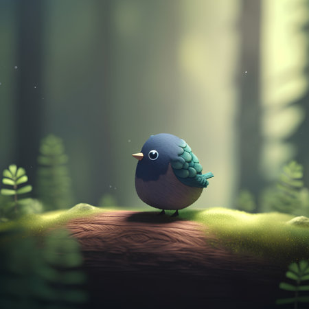 Fantasy scene with cute little bird in the forest, 3d illustrationの素材