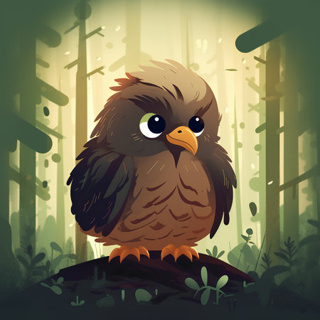 Vector illustration of a cute owl in a forest. Cartoon style.の素材