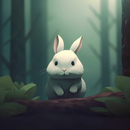 Cute white rabbit sitting in the forest, 3d rendering.の素材
