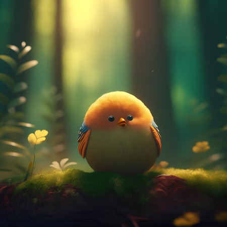 Little bird in the forest on moss and flowers, digital art styleの素材